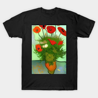 POPPIES IN A JAR VAN GOGH STYLE GREEN BACKGROUND T-Shirt